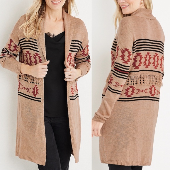 Maurices Brown Tan Knit Aztec Western Geometric Fringe Longline Cardigan Sweater - Picture 1 of 5
